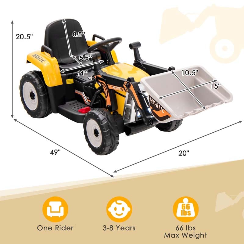 12V Kids Ride On Excavator Digger with Digging Bucket, Battery Powered Electric Tractor RC Construction Vehicle