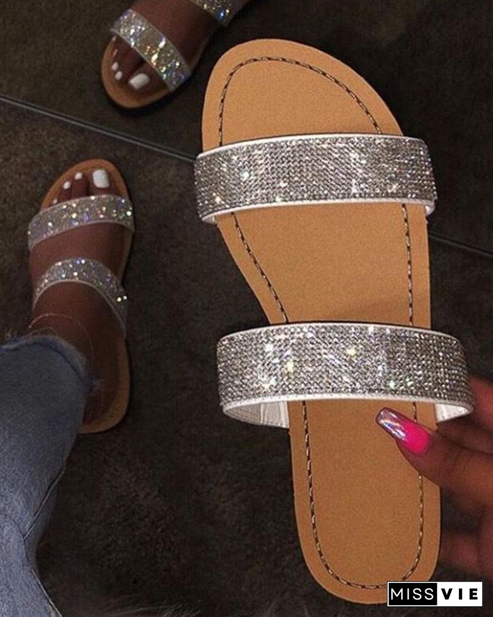 Crystal Glitter Shinny Double Bandages Slide Slippers