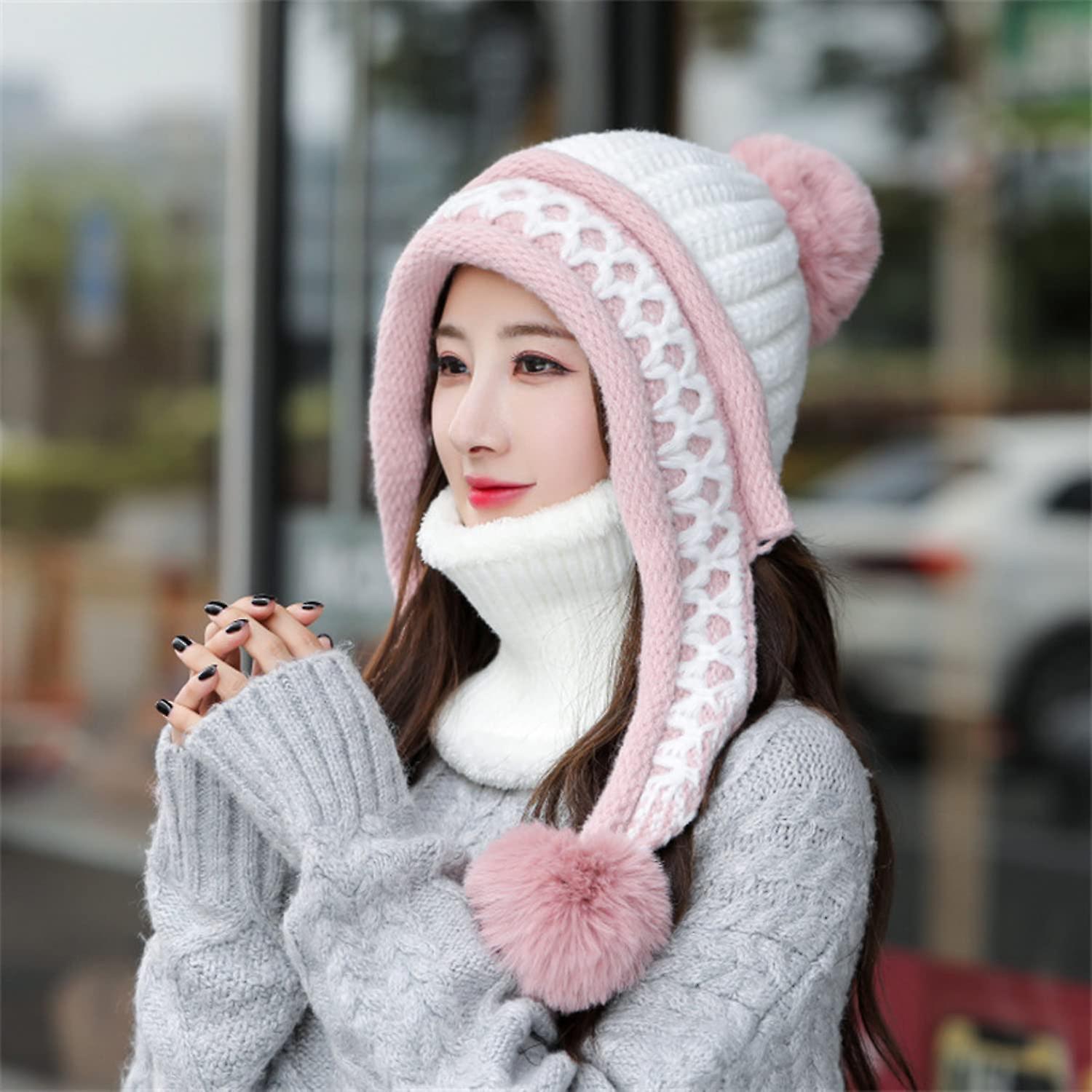 Women Winter Beanie Hat Peruvian Circle Scarf Set Ski Ear Flaps Caps Dual Layered Fleece Lined Pompoms Z15022-fenbai -