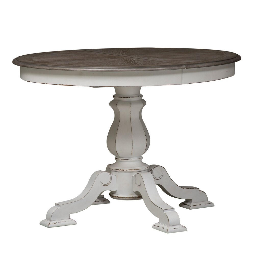 Magnolia Manor Antique White Weathered Bark 5 Piece Pedestal Table Set