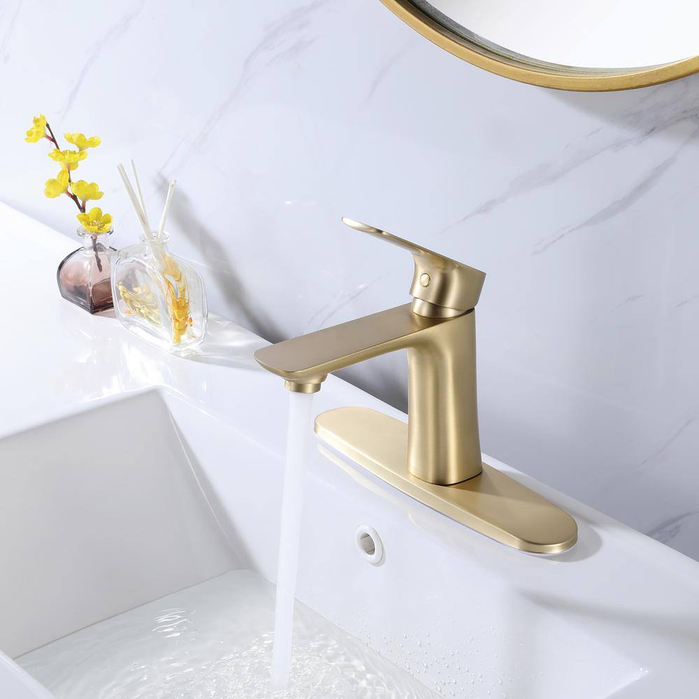 Hlihome Single-Handle Single Hole Bathroom Faucet in Brushed Gold With Deck Plate RBDK-0961-BGP