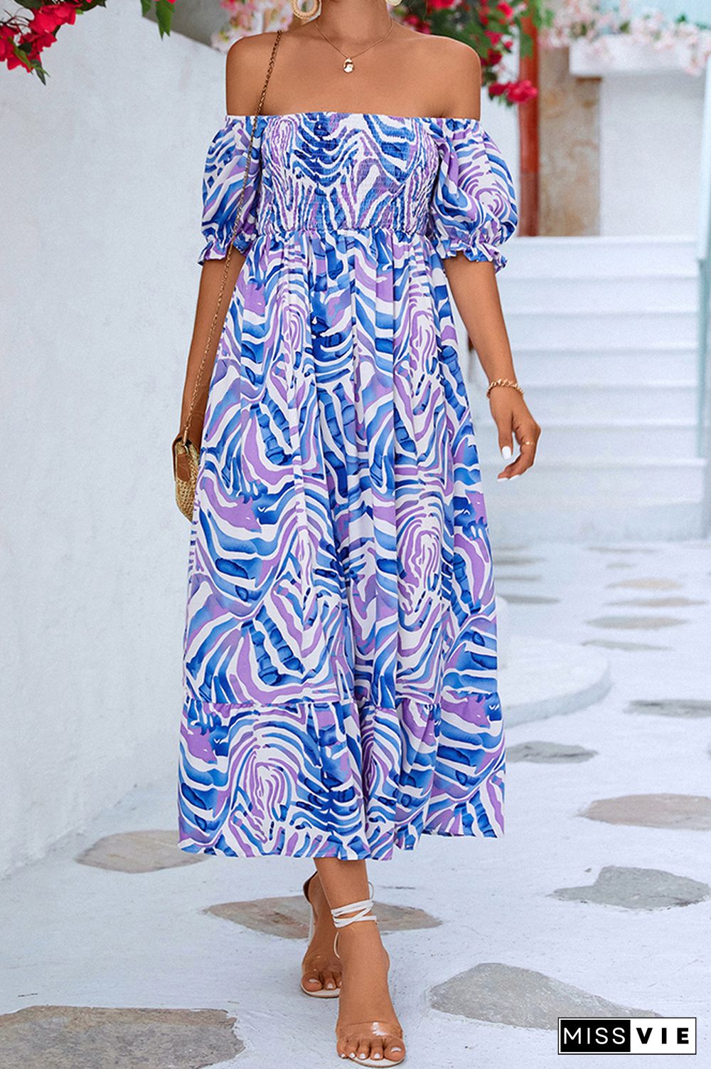 Off Shoulder Smocked High Waist Printed Maxi Dress