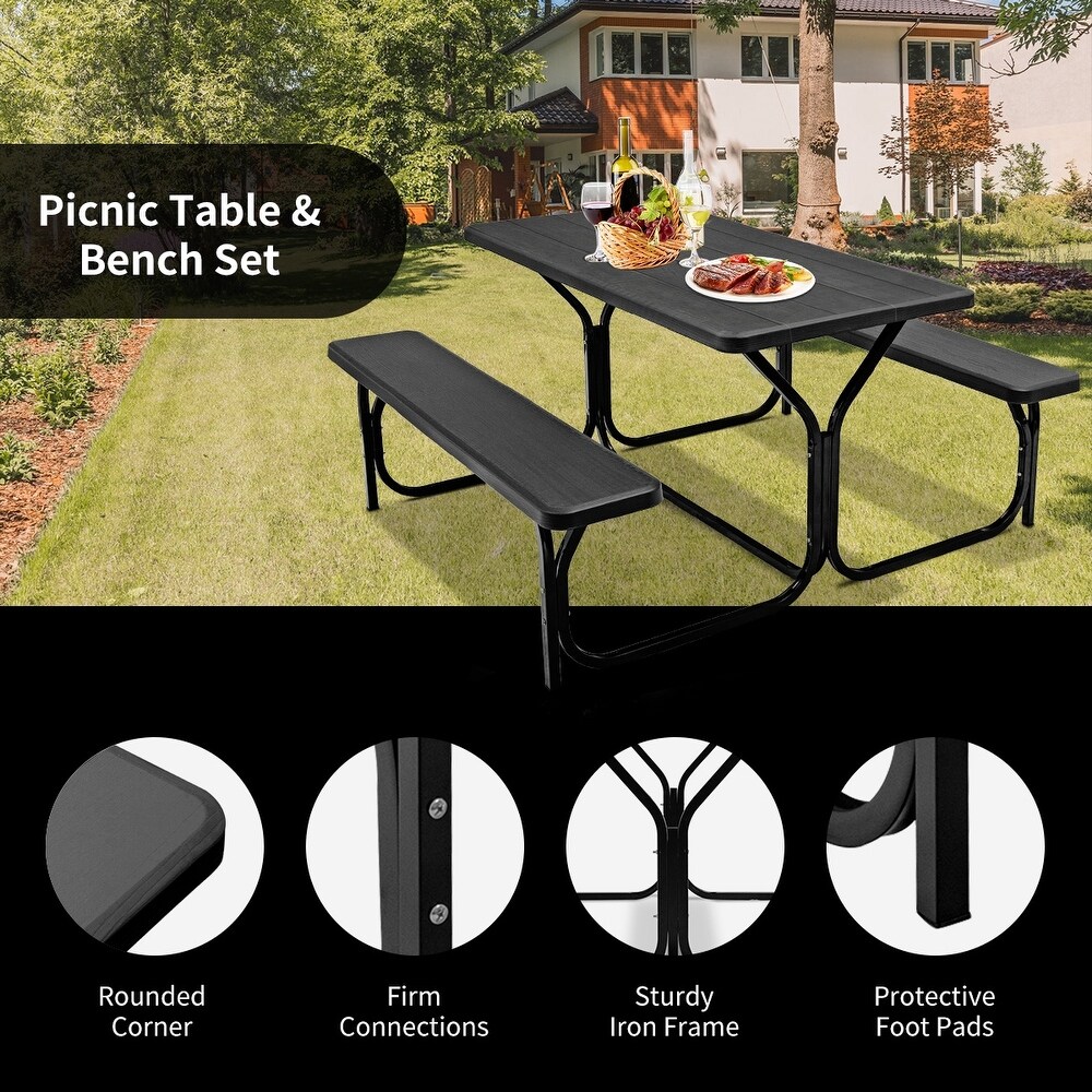 Outdoor Picnic Table Bench Set with Metal Base