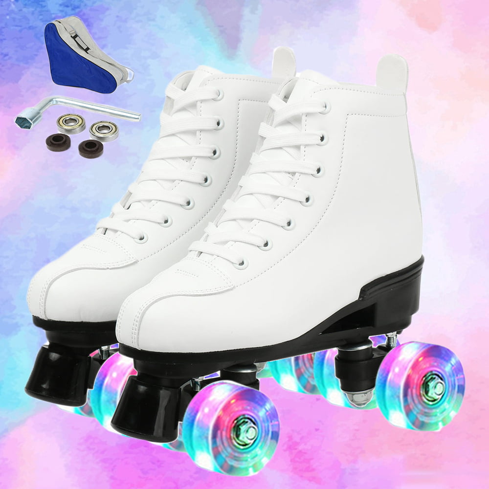 Roller Skates for Adult Unisex High-Top Skates Soft PU Leather Shiny Quad Skates for Beginner Outdoor Indoor， White， 7