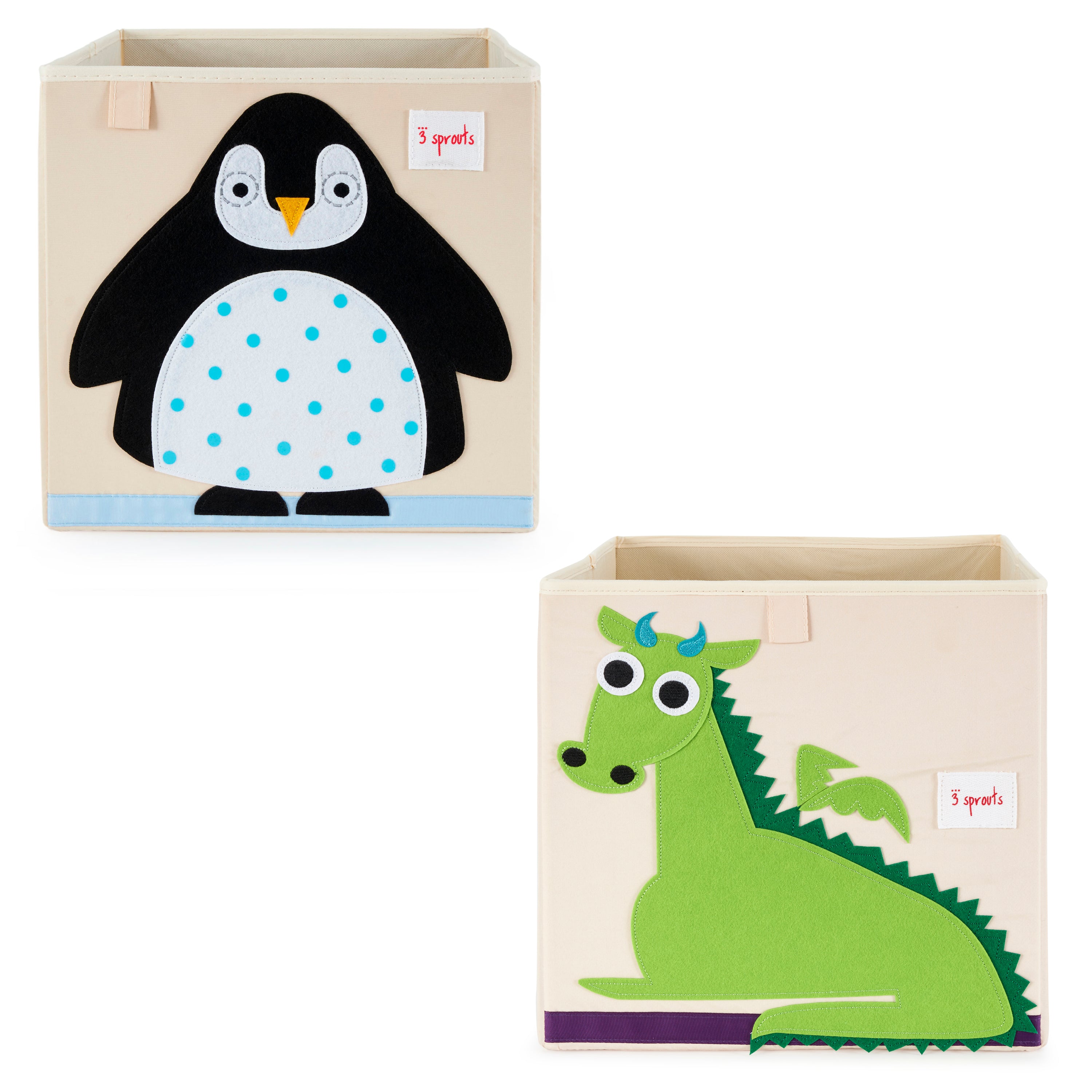 3 Sprouts Kids Felt Dragon Storage Cube Bin with Penguin Fabric Storage Cube Bin