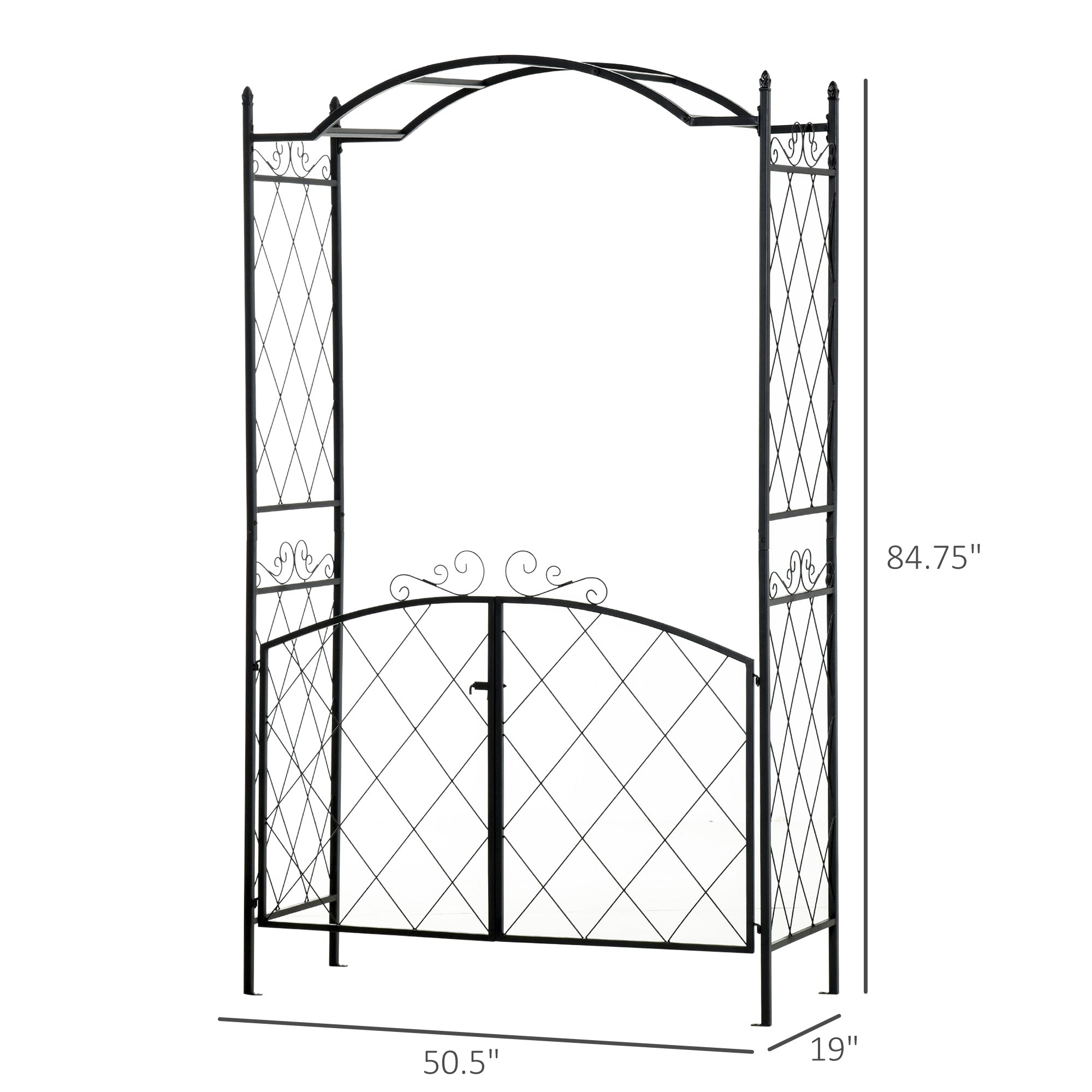 Outsunny 85'' Metal Garden Arbor with Gate, Outdoor Steel Arch with Scrollwork for Climbing Vines, Ground Mountable Columns