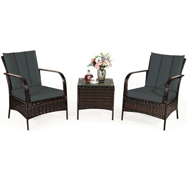 Costway 3 Pcs Patio Rattan Furniture Set Coffee Table amp 2 Rattan Chair W gray Cushions