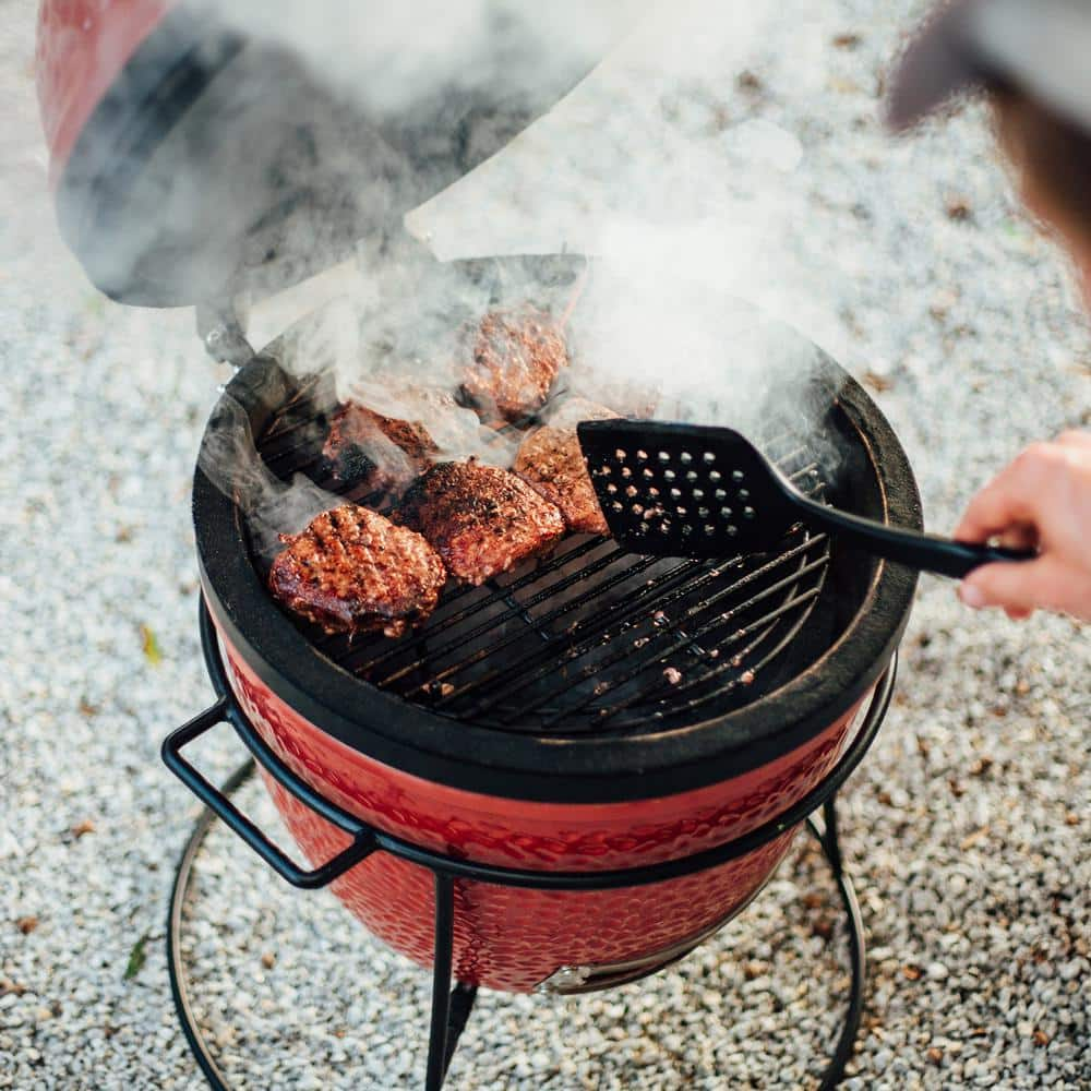 Kamado Joe Joe Jr. 13.5 in. Portable Charcoal Grill in Red with Cast Iron Cart, Heat Deflectors and Ash Tool KJ13RH