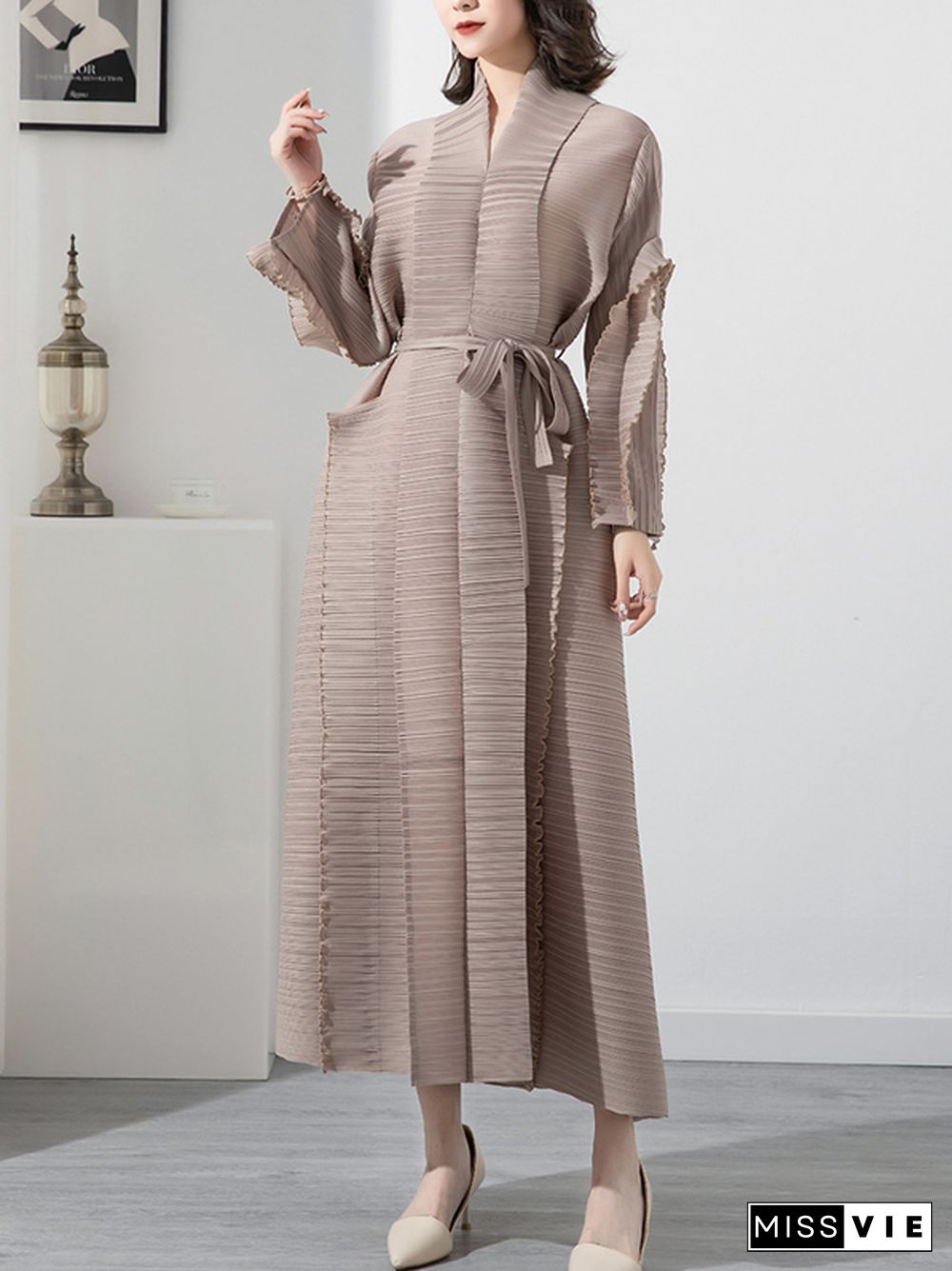 Casual Long Sleeves Loose Tied Pleated Stand Collar Midi Dresses