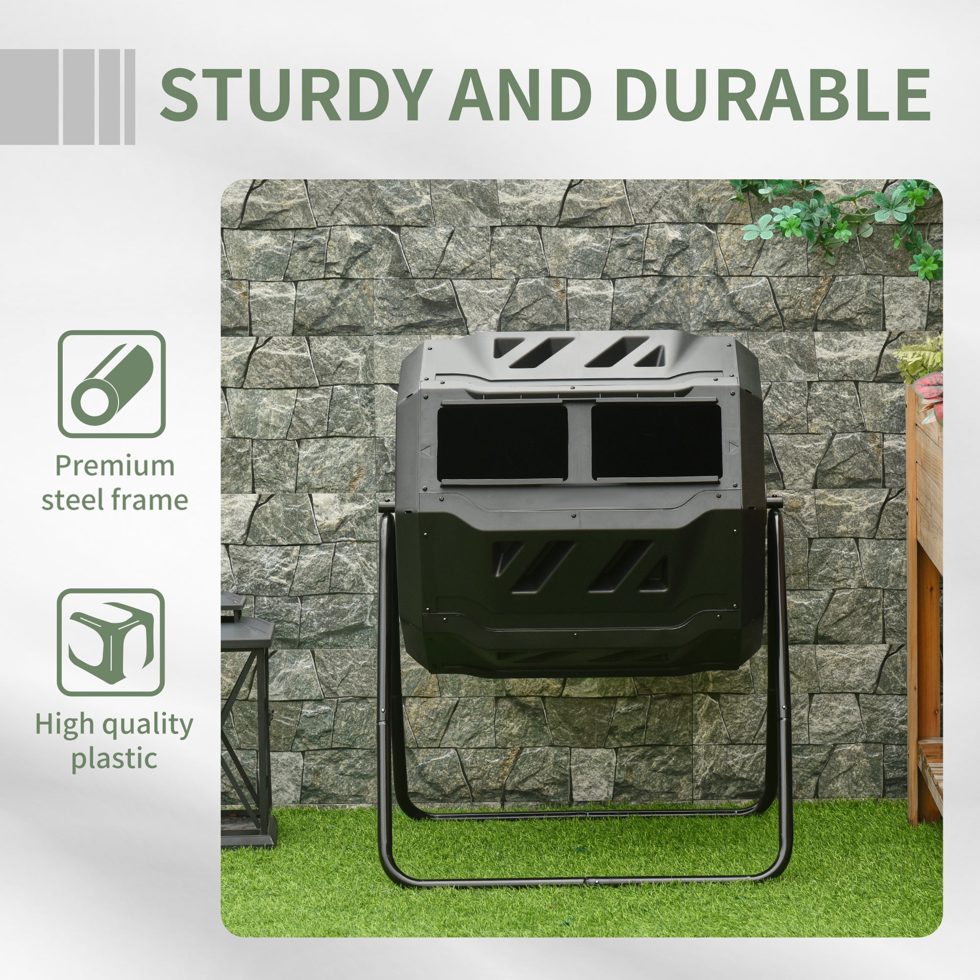 Outsunny Outdoor Tumbling Compost Bin w/ Dual Chamber, Sliding Doors, Black