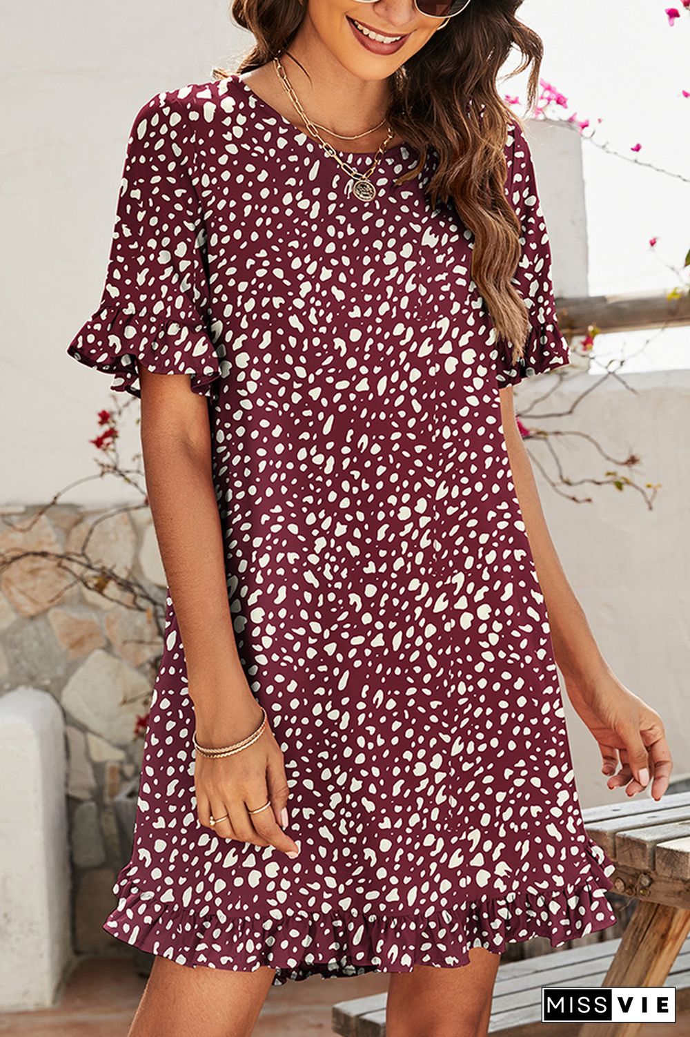 Leopard Print O-neck Short Sleeve Ruffles Dress Wholesale