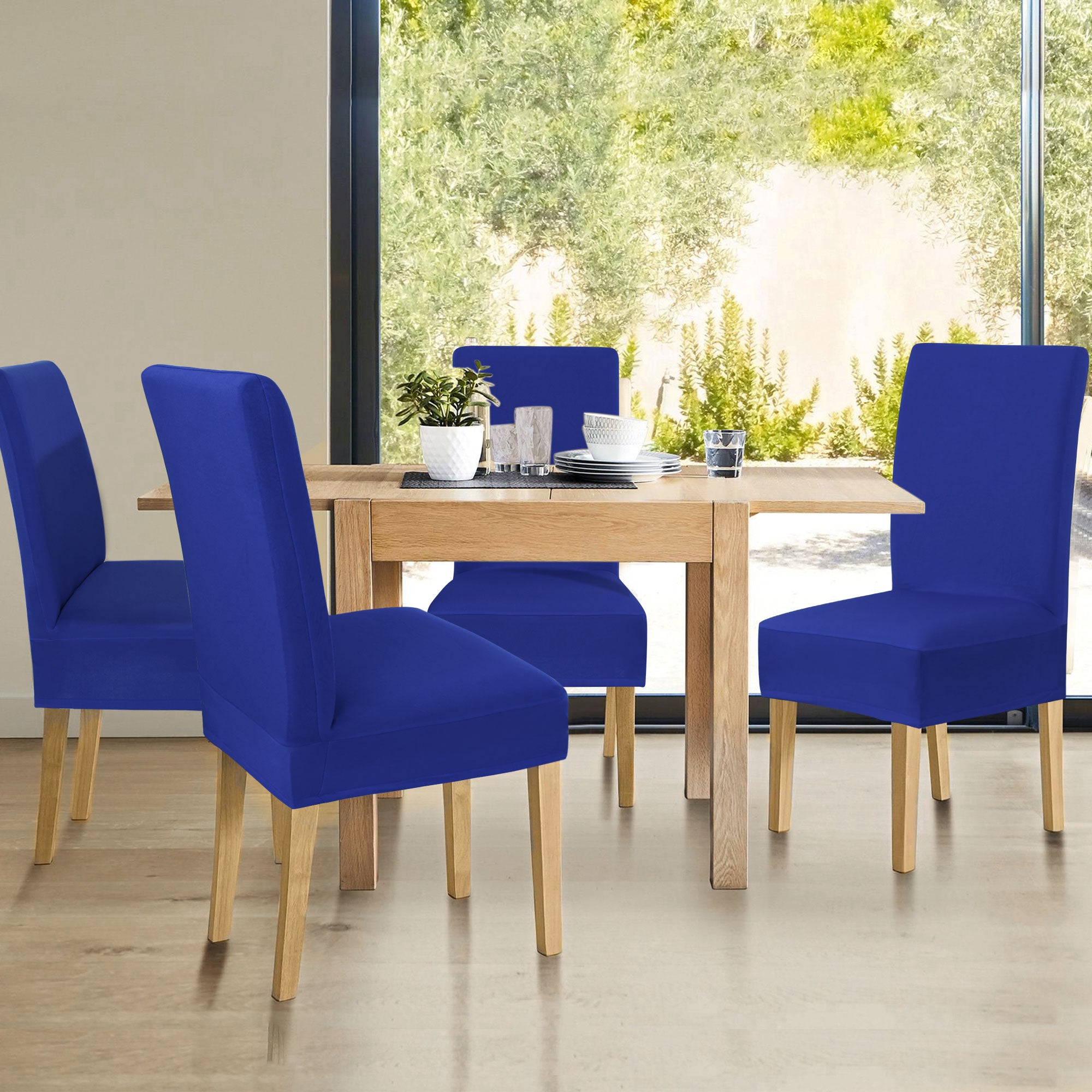 Unique Bargains Stretch Polyester Dining Chair Covers Protector Set of 6, Blue