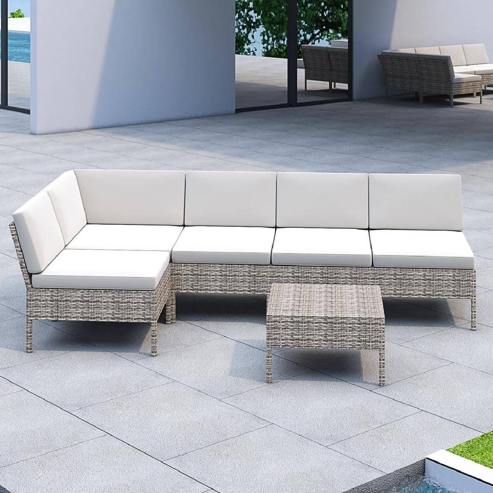 Patio Festival 6-Piece Wicker Outdoor Sectional Set with Off-White Cushions PF18237