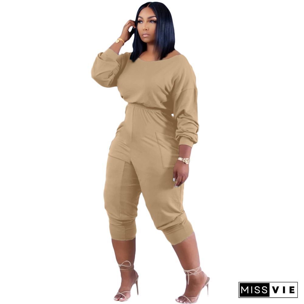 Solid Color Long Sleeve Loose Fit Jumpsuit