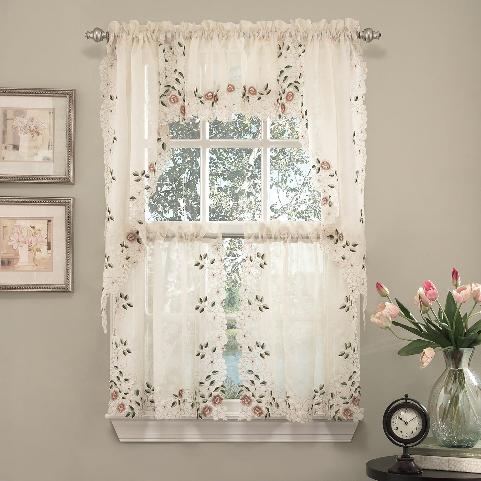 Rosemary Floral Embroidered Semi-Sheer Kitchen Curtain Tier, Swag, Valance Set