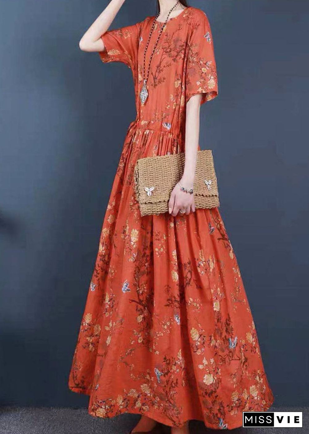 Women Orange Cinched Print Cotton Long Dress Short Sleeve