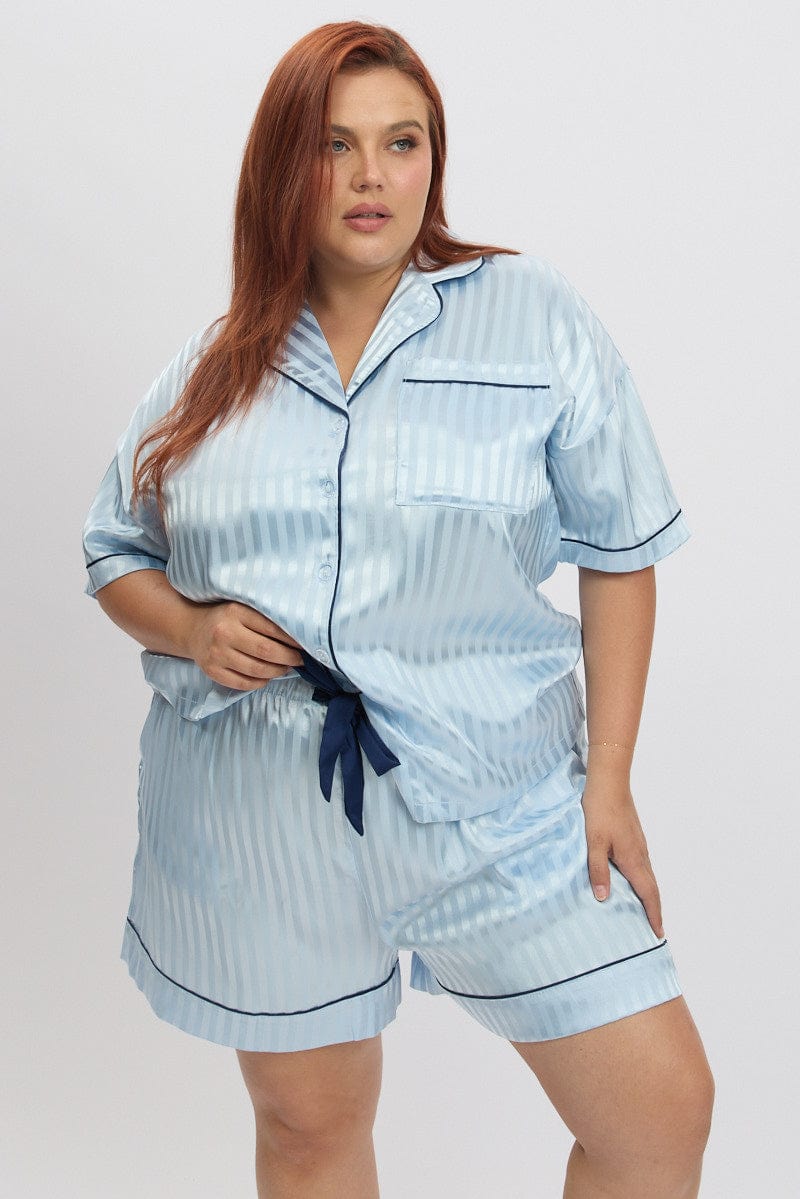 Blue Stripe Satin Pyjamas Set Short Sleeve