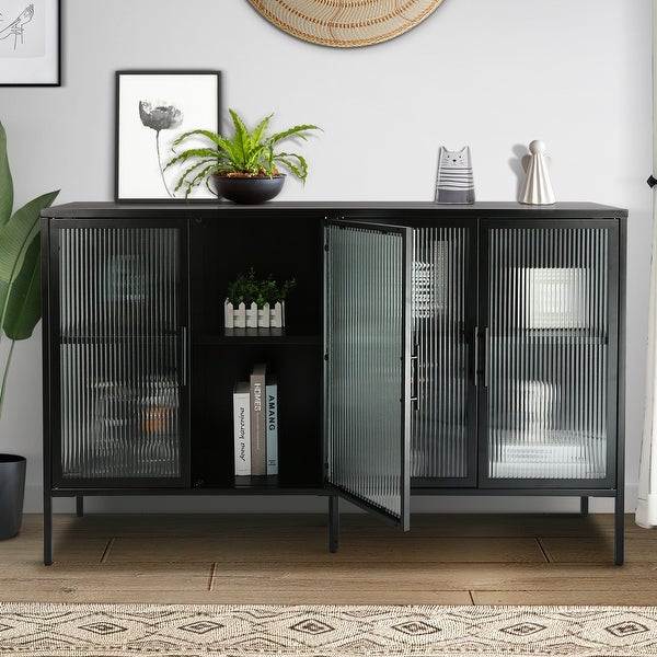 4 Glass Doors Buffet Storage Cabinet with Adjustable Shelves