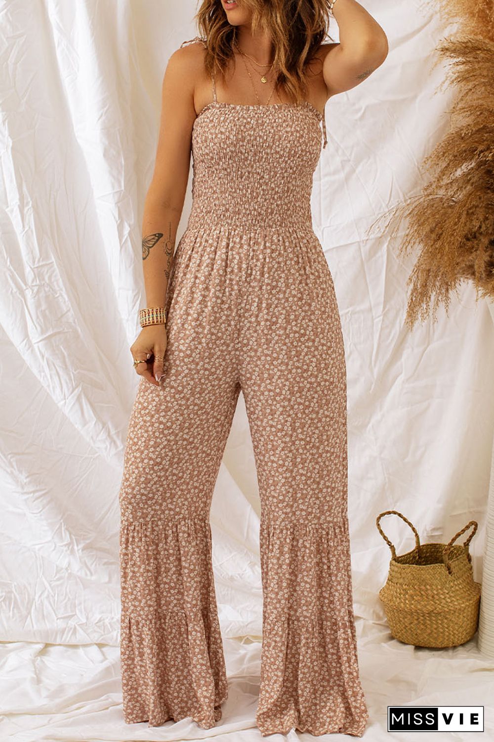 Khaki Thin Straps Smocked Bodice Wide Leg Floral Jumpsuit