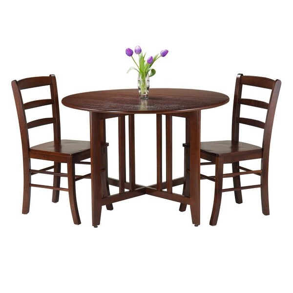 Wood Alamo 3-Pc Dining Set， Round Drop Leaf Table and 2 Ladder Back Chairs， Walnut Finish