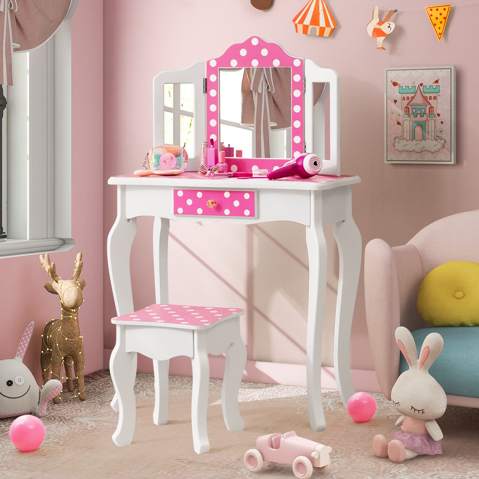 Costzon Kids Vanity Table and Chair Set, Girls Vanity Set with Mirror and Stool, Pretend Play Vanity Set for Little Girls