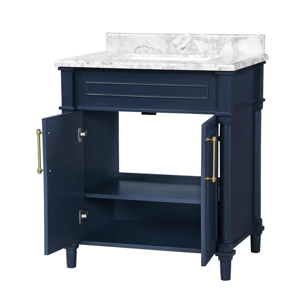 Home Decorators Collection Aberdeen 30 in x 22 in D x 345 in H Bath Vanity in Midnight Blue with White Carrara Marble Top