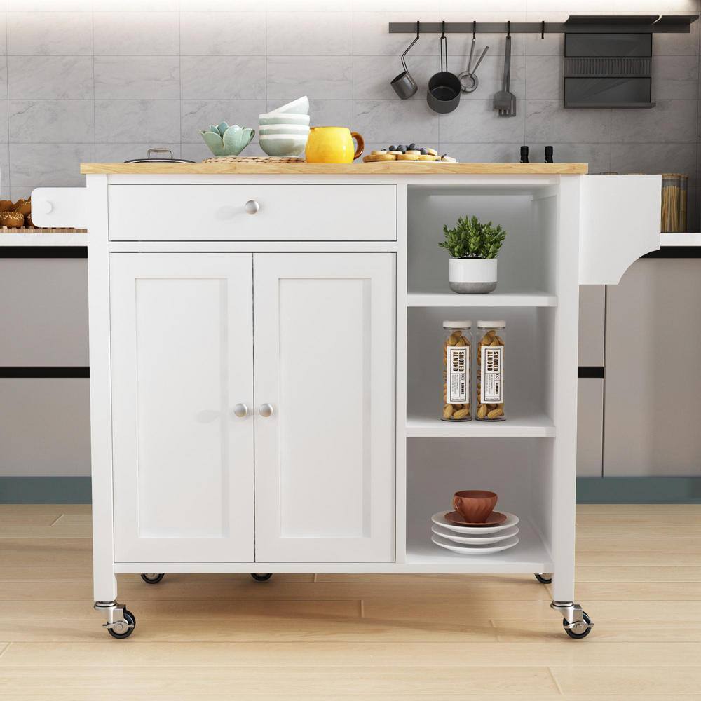 Whatseaso White Wood 39.37 in. W Kitchen Island with Double Doors Lockable-Wheels and Towel Rack FEB23081002KI