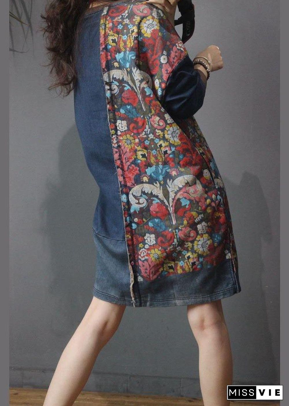 Women Denim Patchwork Cotton Dress Print Summer Long Dress