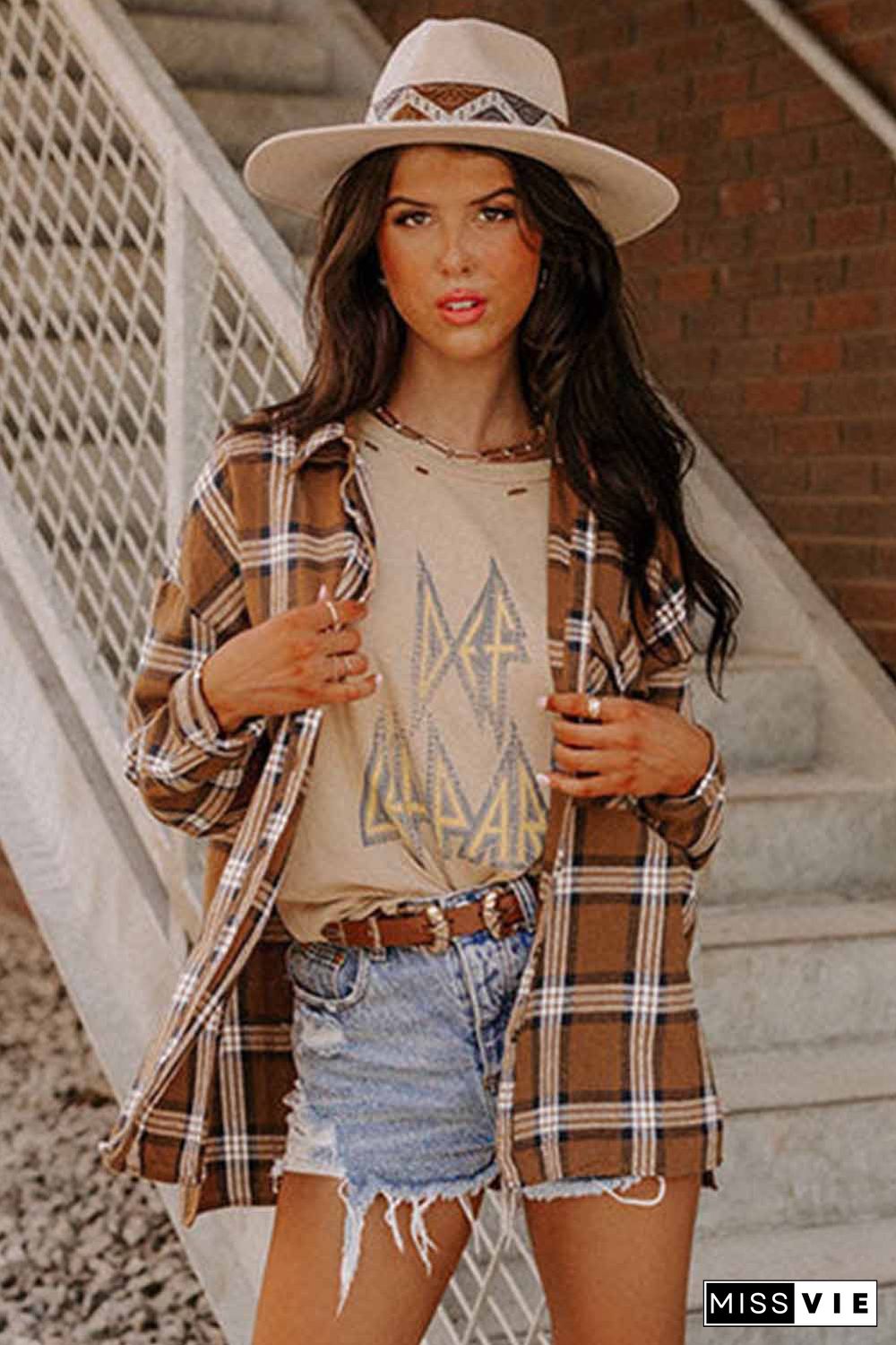 Brown Chest Pockets Side Split Plaid Shirt Jacket