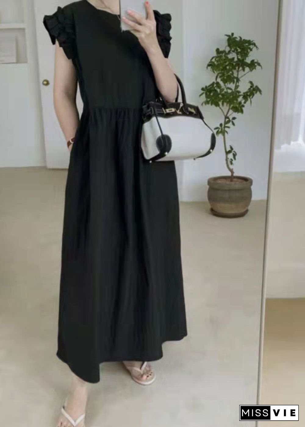 Black Patchwork Cotton Maxi Dresses Ruffled Summer