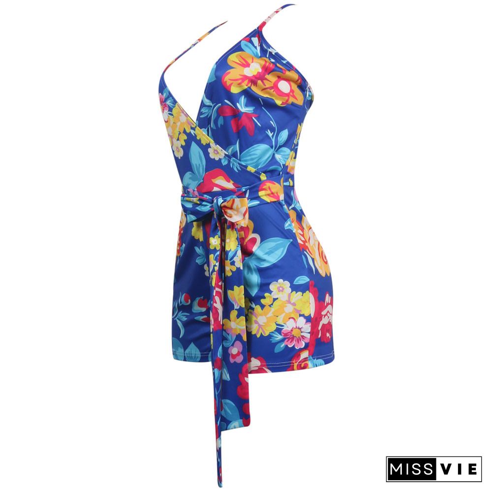 Women Holiday Floral Print V Neck Sleeveless Summer Bandage Beach Halter Neck Skinny Rompers