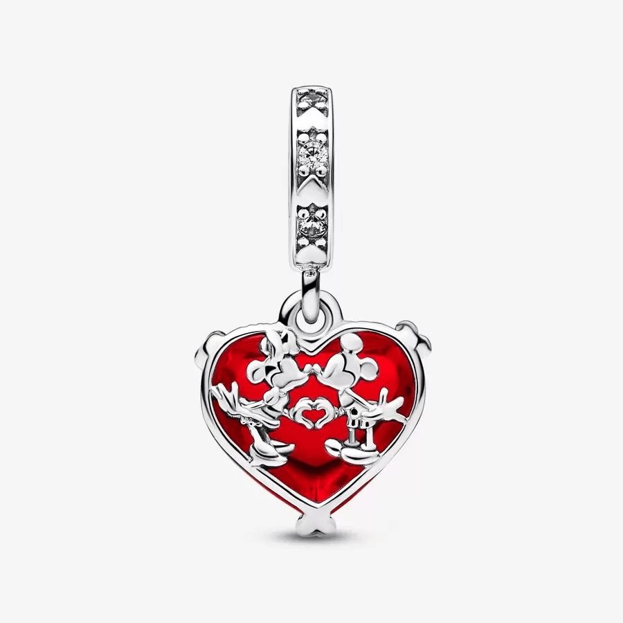 PANDORA  Disney Mickey & Minnie Mouse Kiss Red Murano Glass Dangle Charm