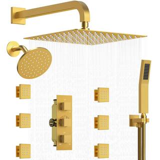 CRANACH 8-Spray 12 in. Wall Mount Dual Shower Head and Handheld Shower Head 2.5 GPM with 6-Jets in Brushed Gold(Valve Included) SRSFS-1017-GD12