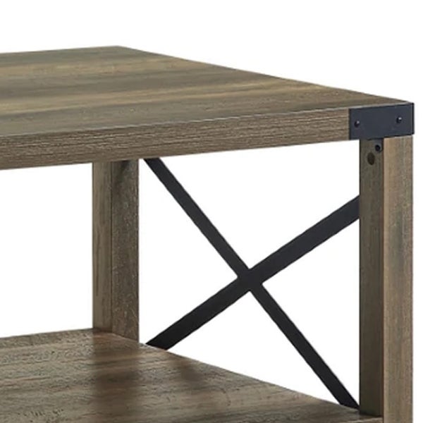 Eli 47 Inch Wood Coffee Table， Metal Brackets， Cross Bars， Rustic Oak Brown