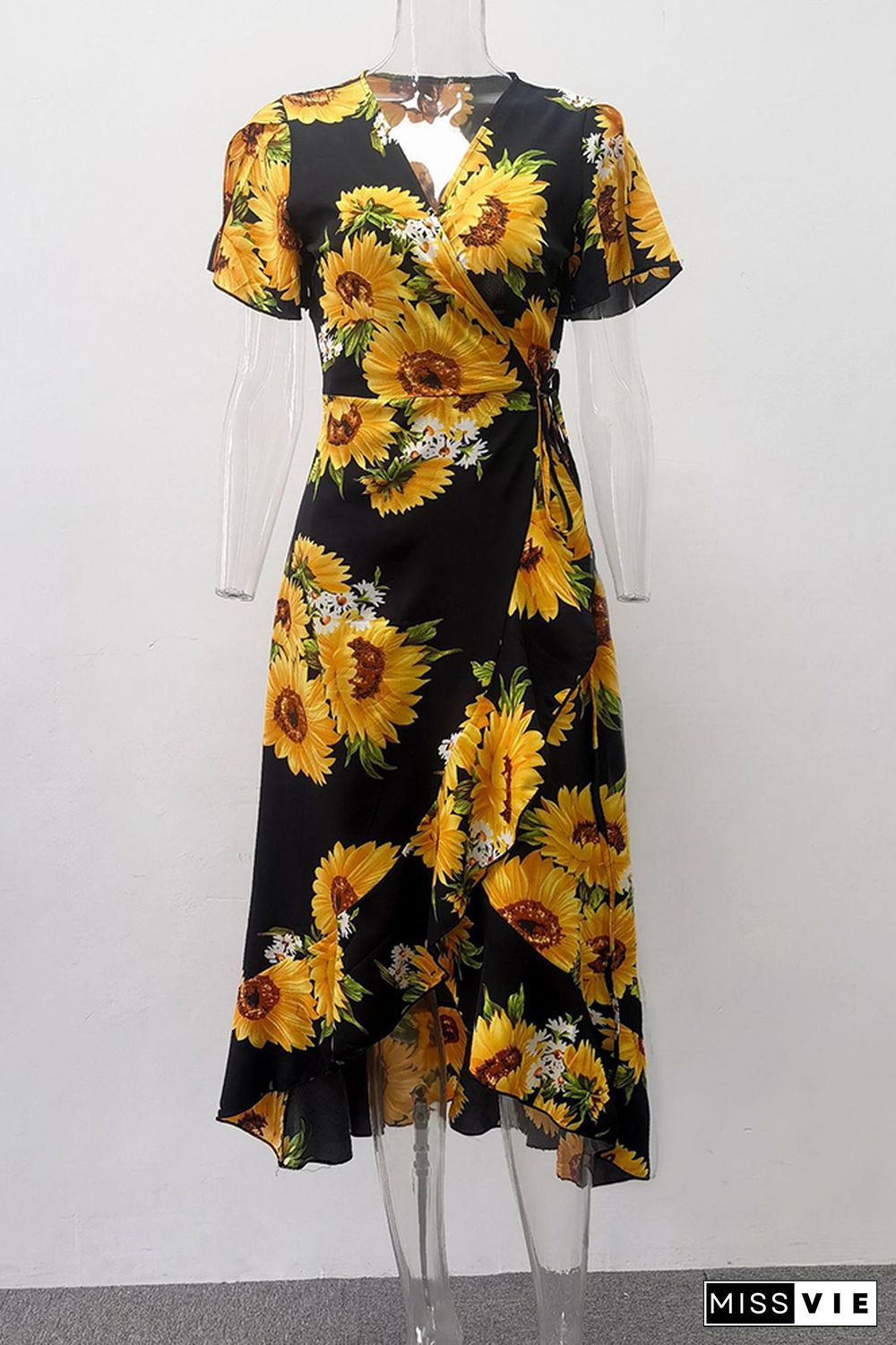 Sunflower Print Ruffled Bohemian Long Dress Wholesale