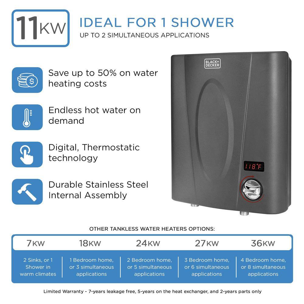 BLACK+DECKER 11 kW 1.99 GPM Residential Electric Tankless Water Heater Ideal for 1 Shower or Up to 2 Simultaneous applications BD-11HD