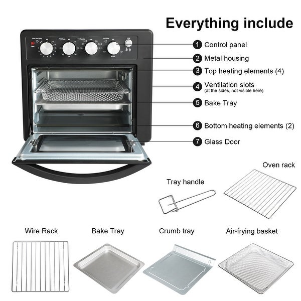 1500W 8-Slice Stainless Steel Simple Deluxe Air Fryer Oven with 6 Accessories Included ， 25L Large Capacity， Black