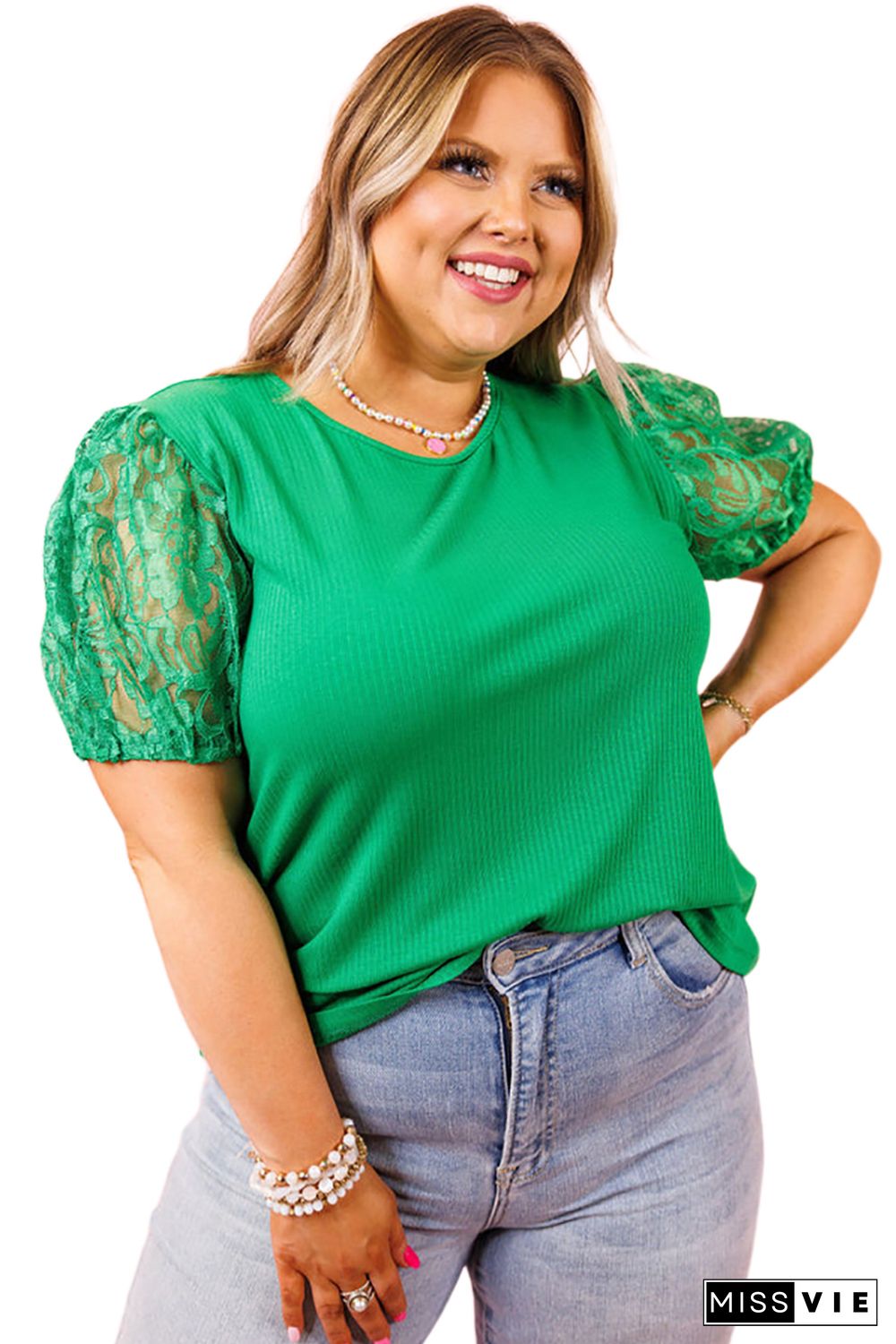 Green Ribbed Lace Patchwork Puff Sleeve Plus Size Blouse