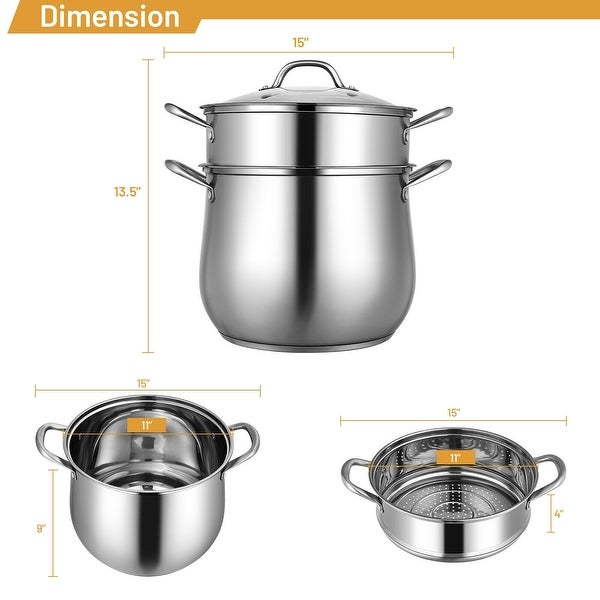 2-Tier Steamer Pot Saucepot Stainless Steel with Tempered Glass Lid