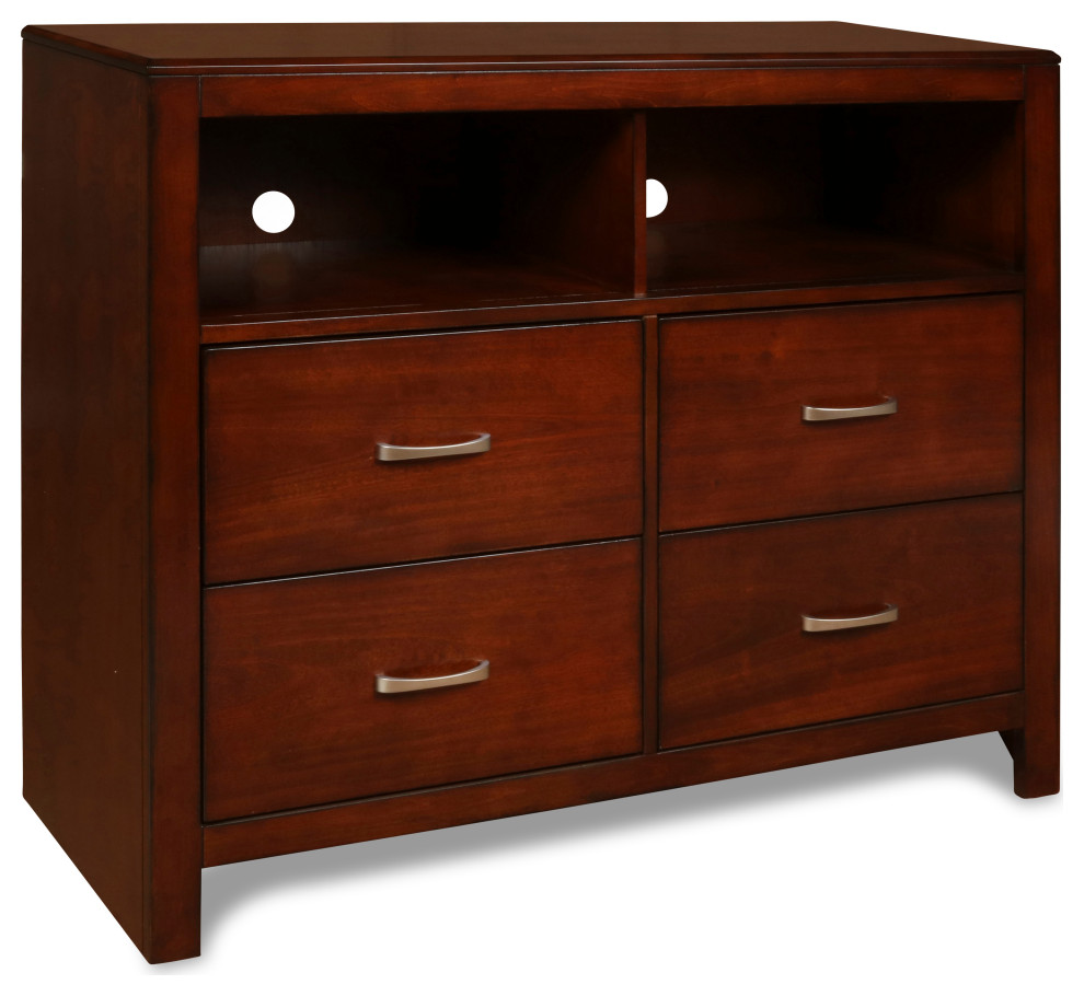 Transitional Style 4 Drawer Wood Media Chest With Open Storage Cherry Brown   Transitional   Media Cabinets   by VirVentures  Houzz