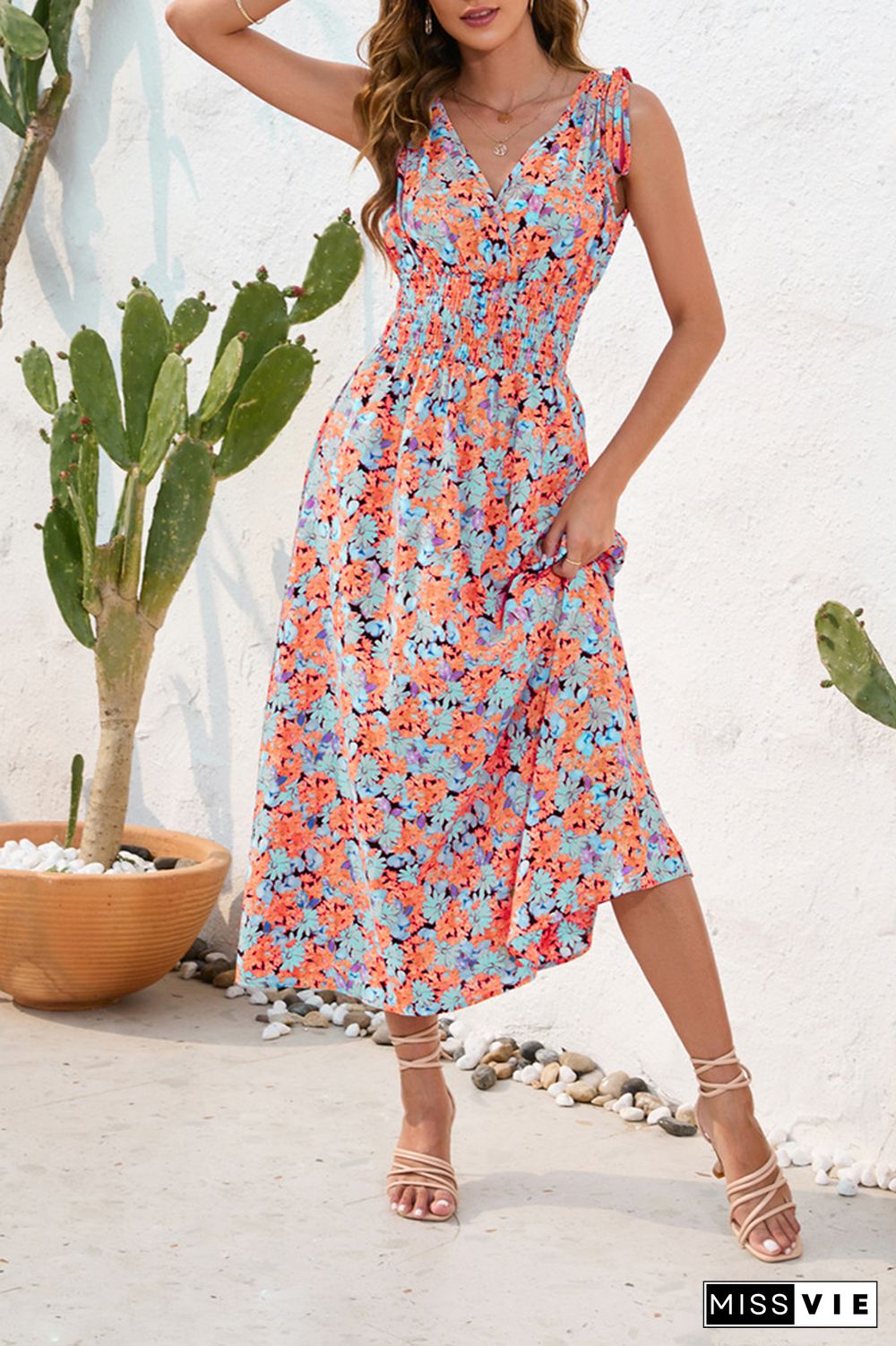 V Neck Floral Print Elastic Waist Dress