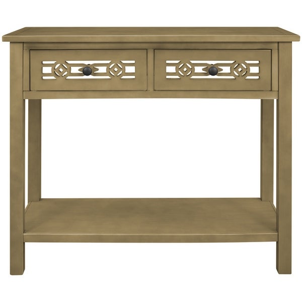 Classic Console Table with Hollow-out Decoration Two Top Drawers and Open Shelf Large Storage Space