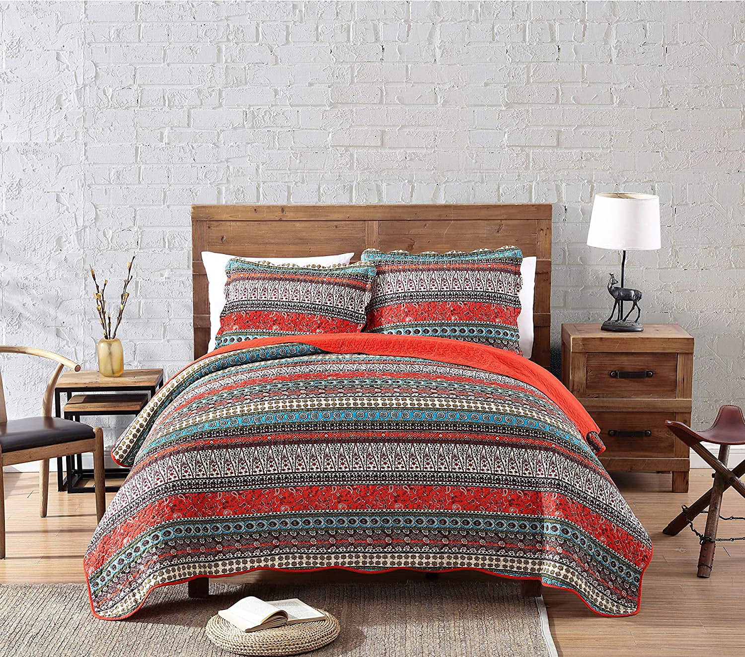 Chezmoi Collection Odette Boho Chic Bohemian 100% Cotton Quilt Set， Queen， Orange， 3-Pieces