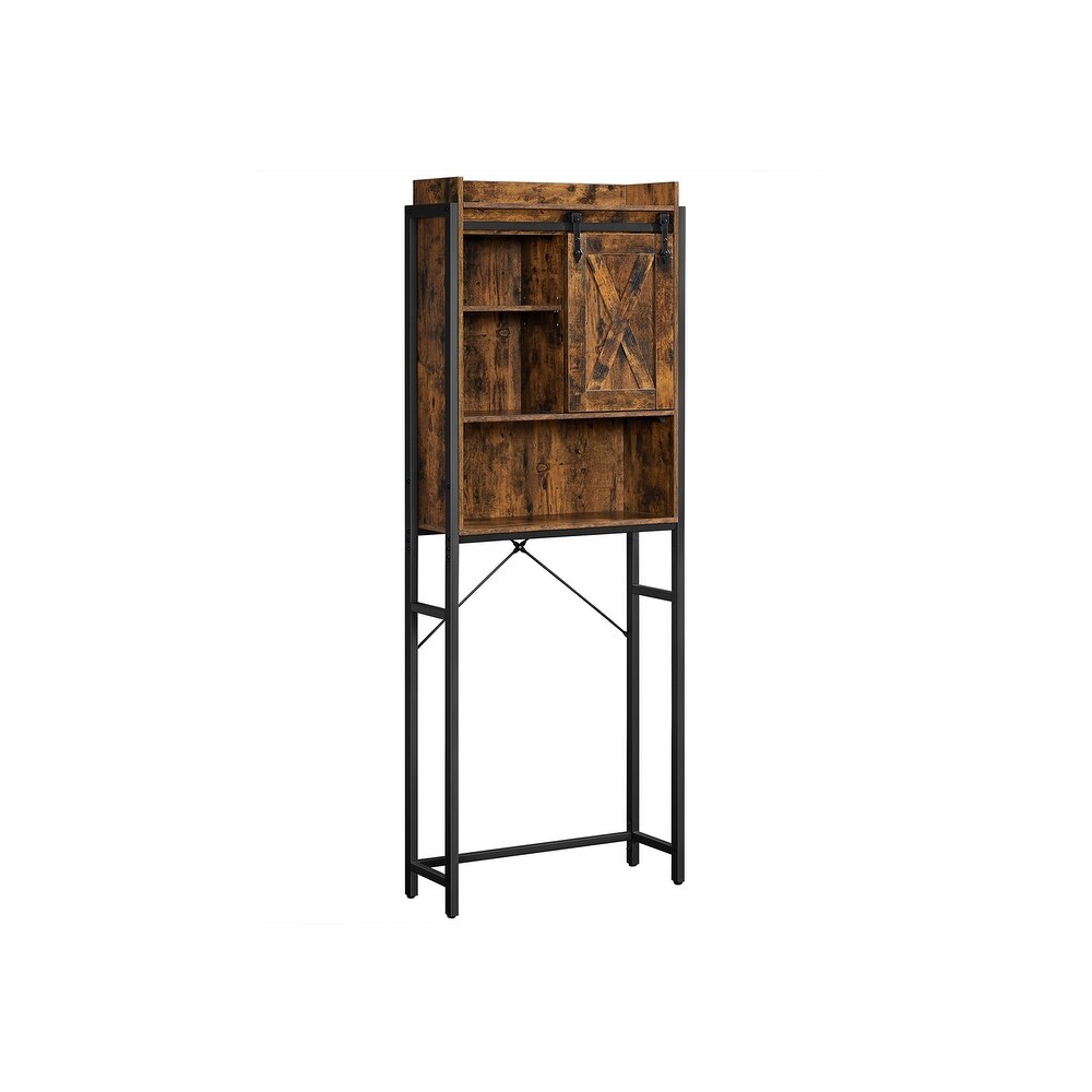 Over The Toilet Storage Cabinet  Space Saving Bathroom Oraganizer Rack  with Cupboard and Shelves  Rustic Brown and Black