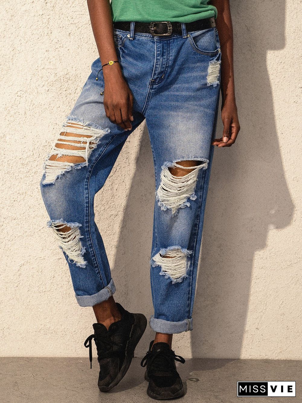 Blue Random Ripped Denim Sheath Vintage Jeans