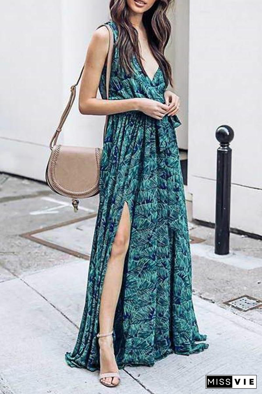 Women Summer  Green & Blue Leaf Maxi Dress