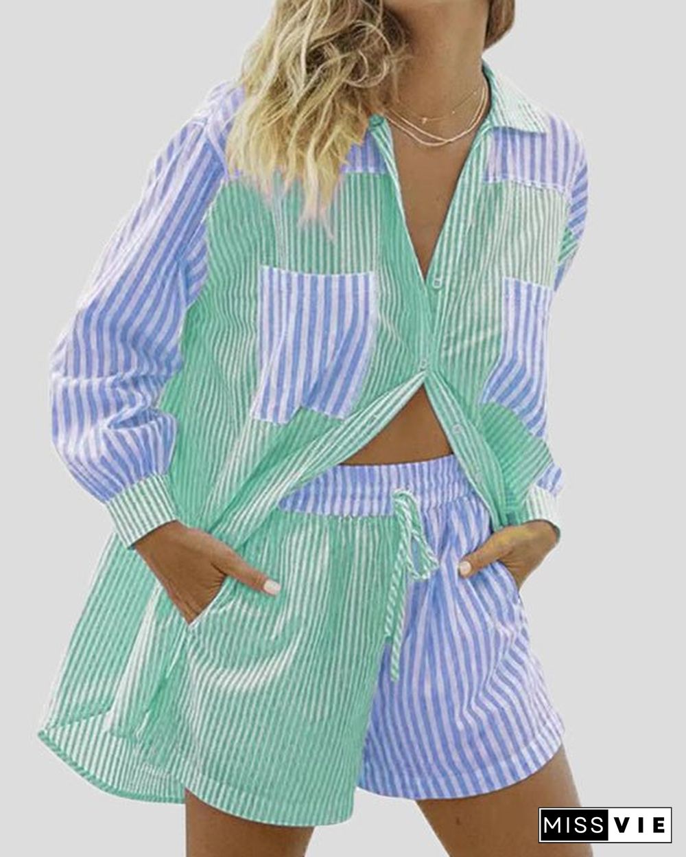 Women'S Sets Striped Shirt & Pocket Shorts Two-Piece Set