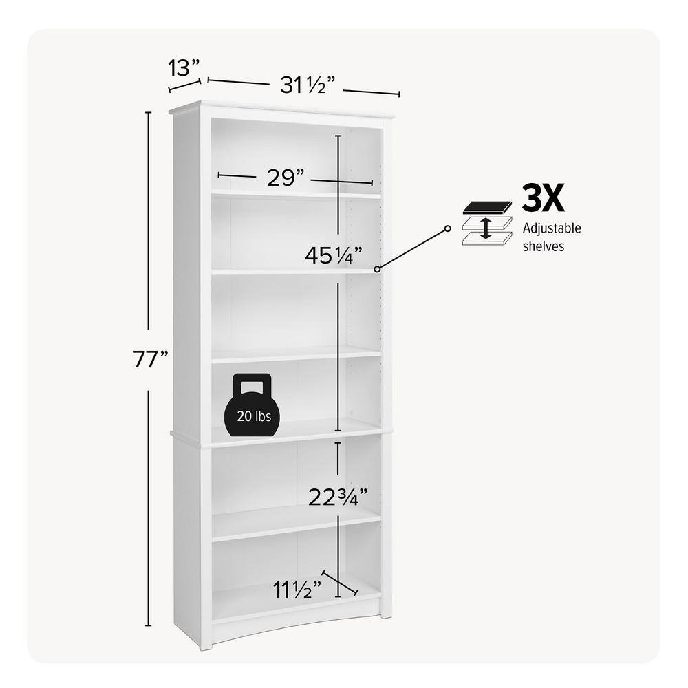 Prepac Home Office 31.5 in. in Wide White 6-Shelf Standard Bookcase WDL-3277-K