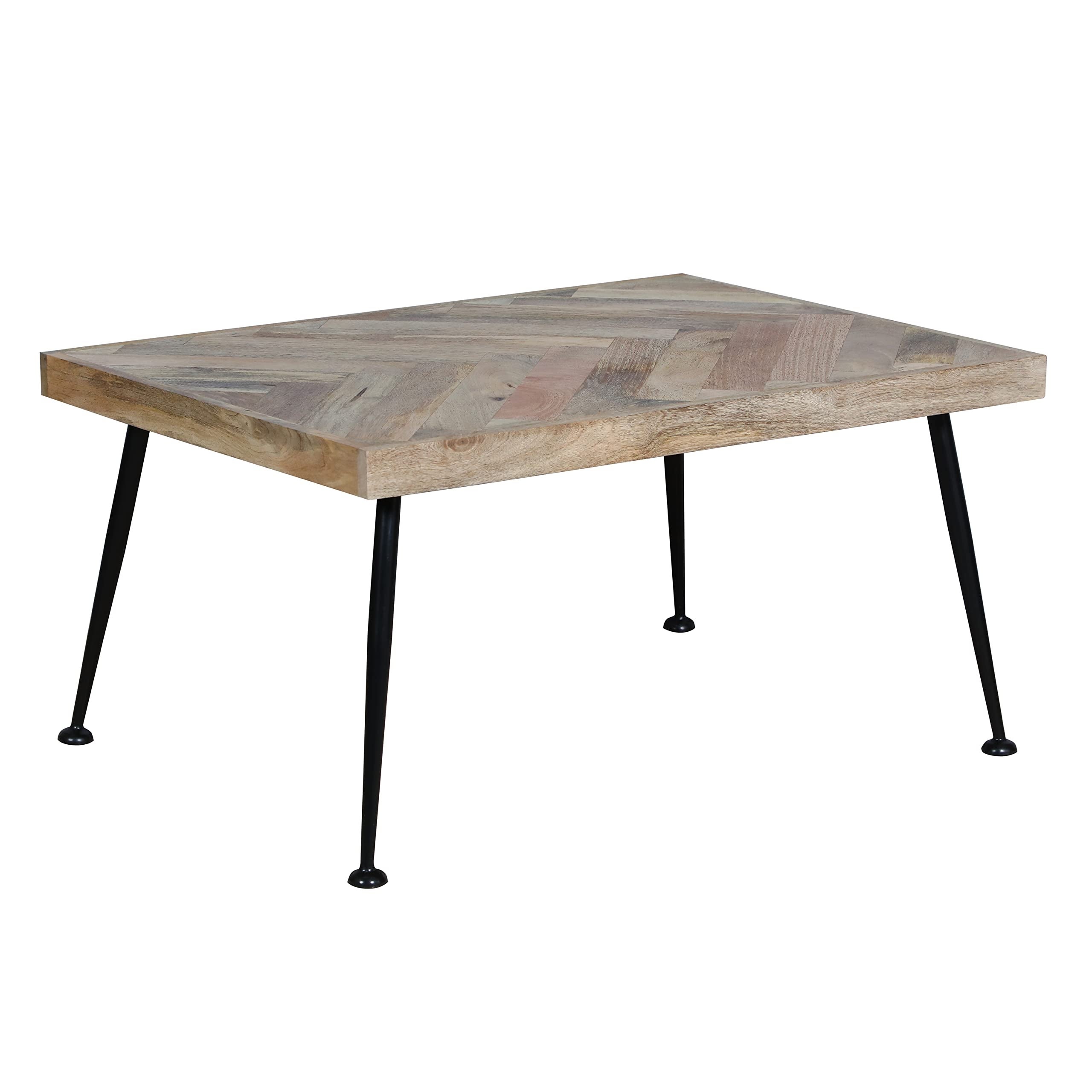 36-Inch Rectangular Mango Wood Coffee Table， Herringbone Design， Iron Legs