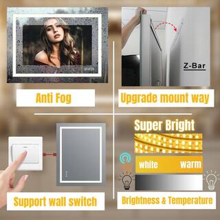 waterpar Super Bright 40 in. W x 32 in. H Rectangular Frameless Anti-Fog LED Wall Bathroom Vanity Mirror with Front Light WP024